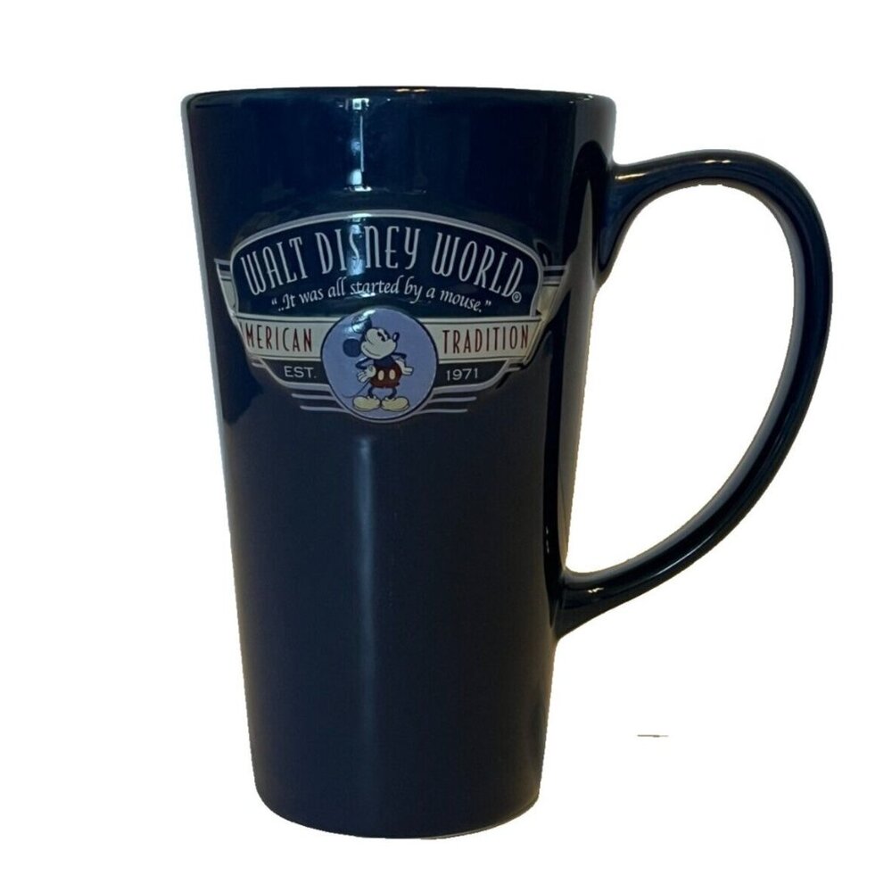 Disney World 16oz Mug American Tradition "It Was all started By A Mouse" Blue